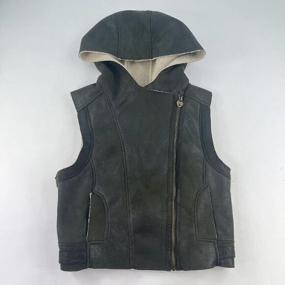Guess Los Angels women's Suede Faux Fur Vest Size L Olive Sherpa Lined Hooded - Picture 1 of 11